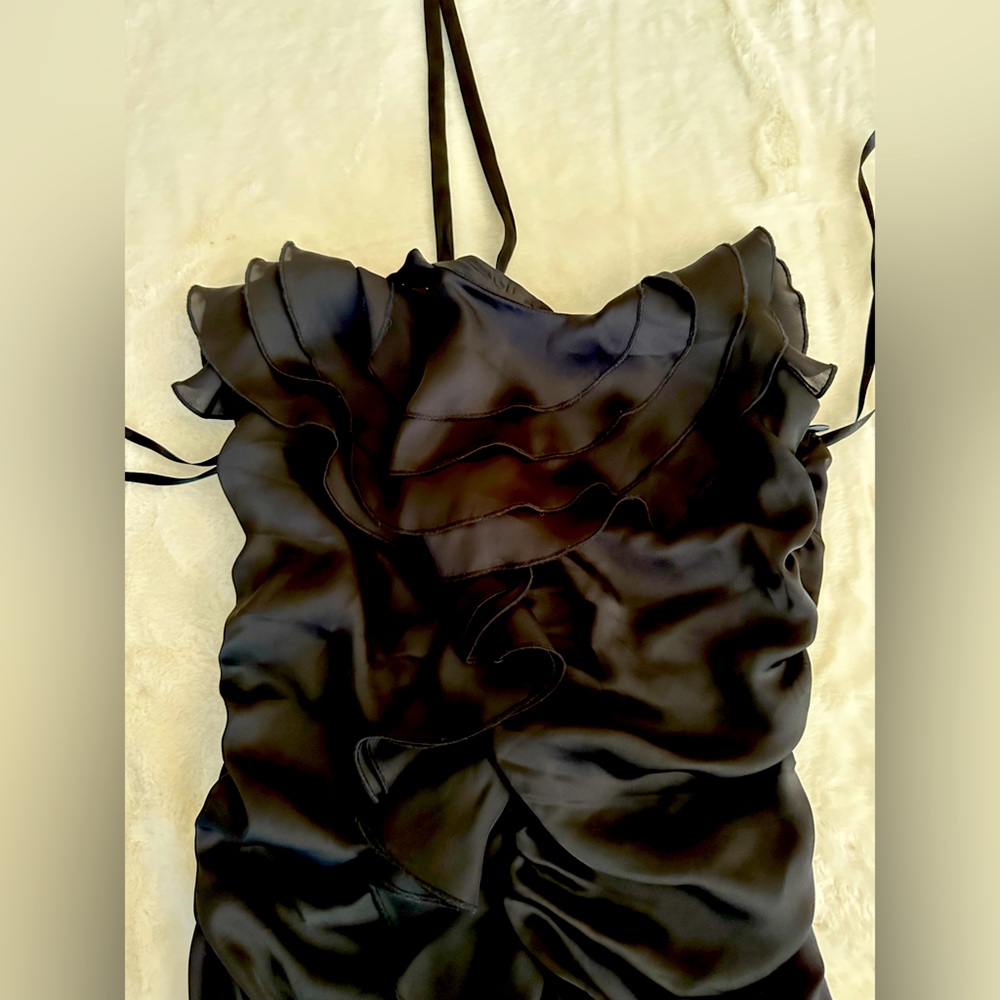 SEXY ARDEN B BLACK SATIN RUFFLED HALTER TOP